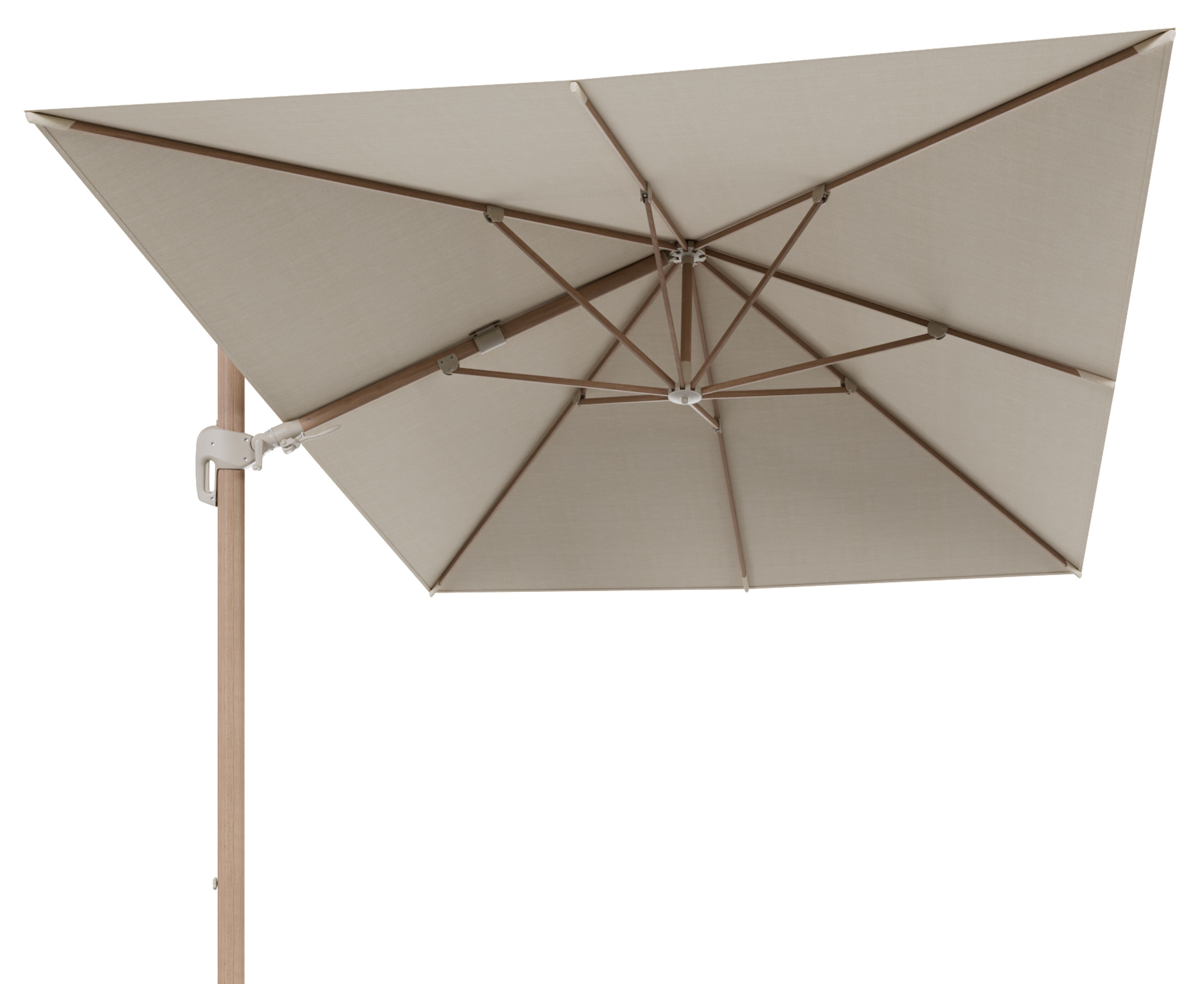 Parasol pendant Rufina avec fonction tilt en aspect de bois avec toile de parasol en all weather sunbrella® premium beige - Lg.1 400 x Lg.2 300 cm (sans pied de parasol)
