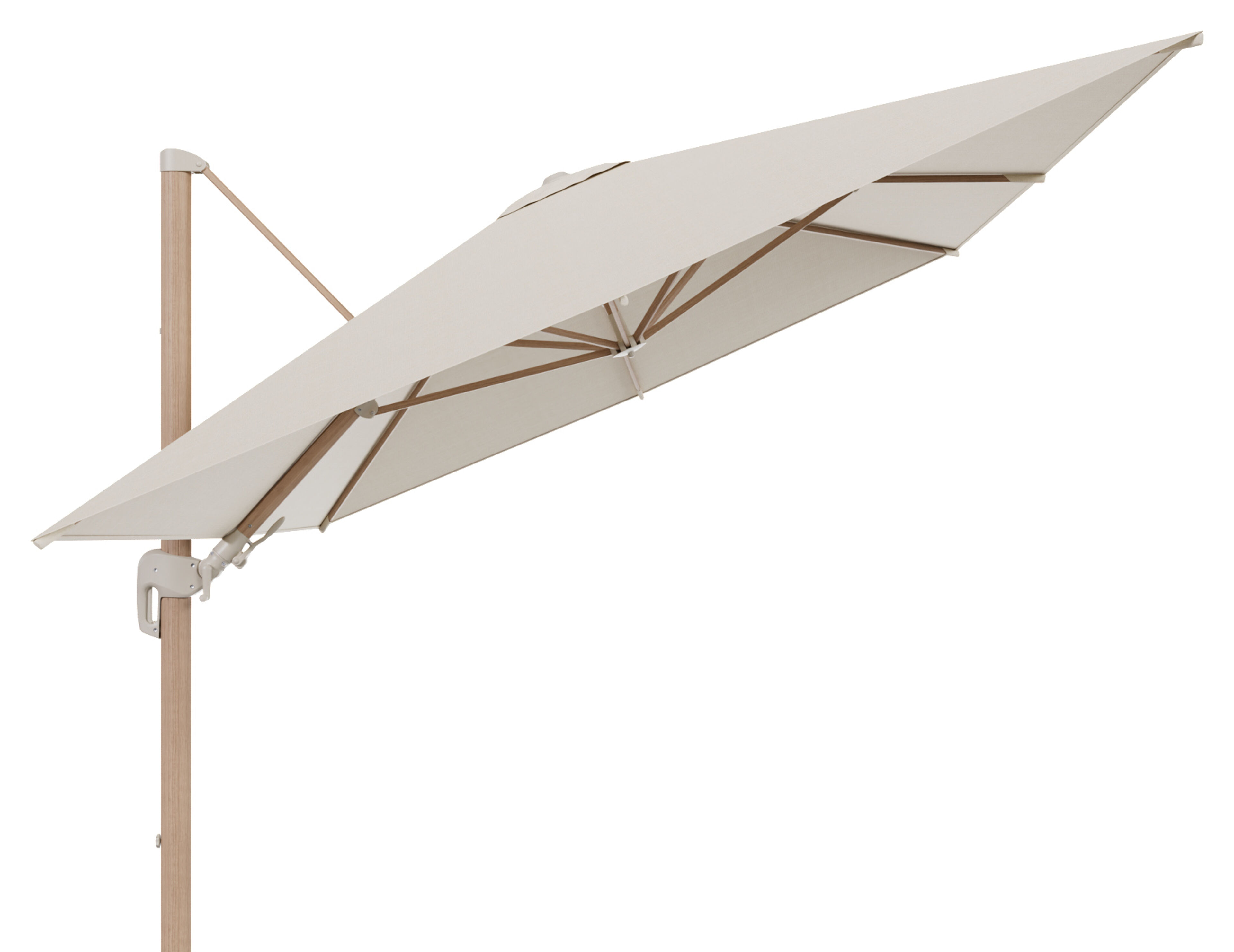 Parasol pendant Rufina avec fonction tilt en aspect de bois avec toile de parasol en all weather sunbrella® premium beige - Lg.1 400 x Lg.2 300 cm (sans pied de parasol)