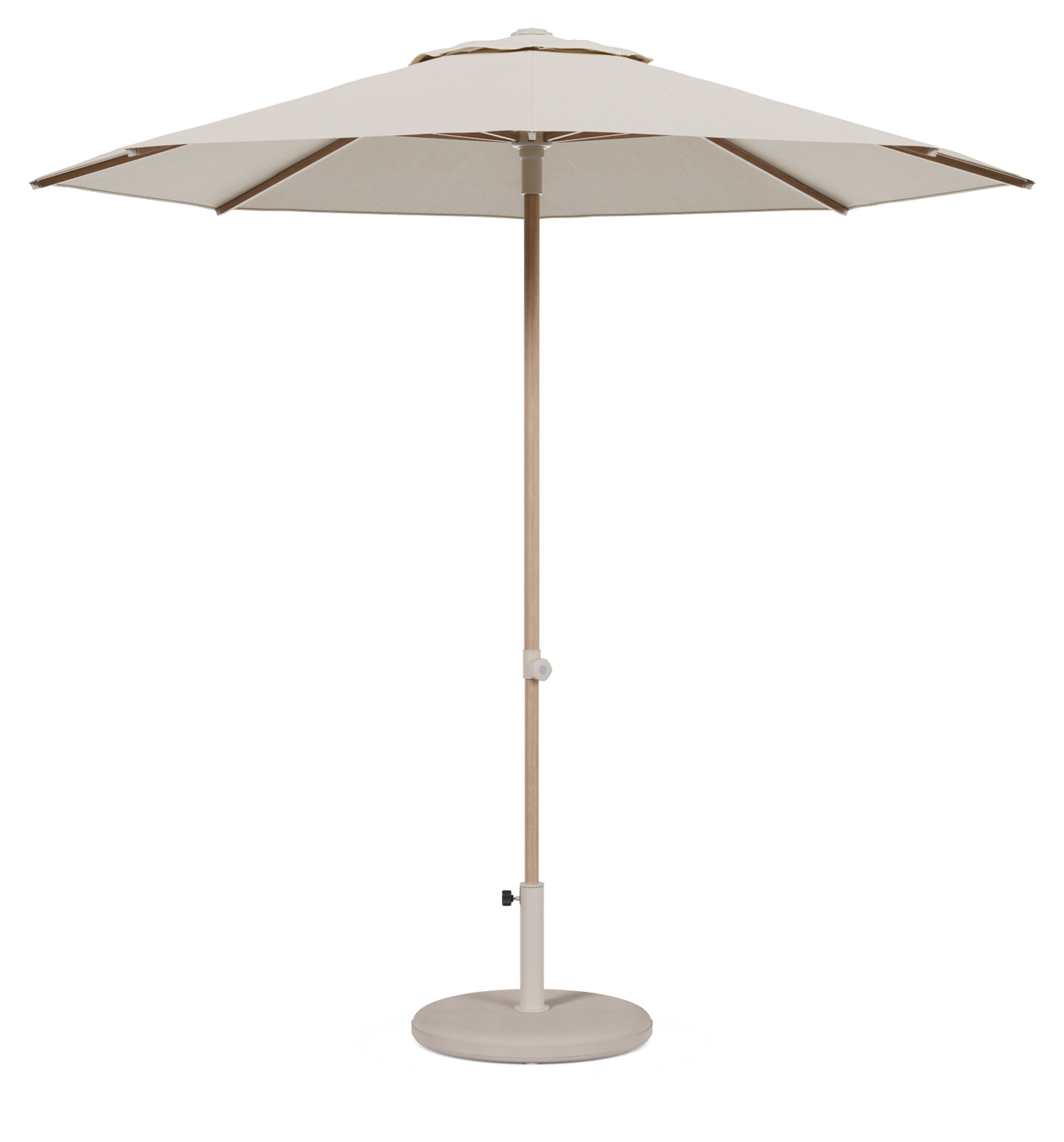 Umbria staanparasol in houtlook aluminium en beige All Weather Sunbrella® Premium parasoldoek - Dia. 250 cm met parasolvoet Plana 40 kg