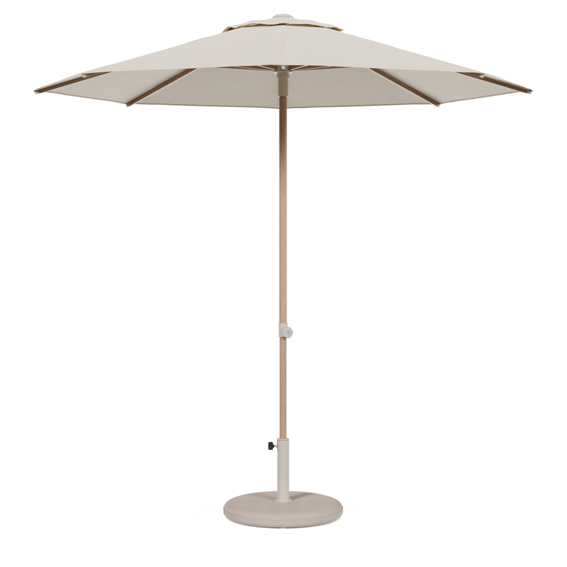 Umbria staanparasol in houtlook aluminium en beige All Weather Sunbrella® Premium parasoldoek - Dia. 250 cm met parasolvoet Plana 40 kg
