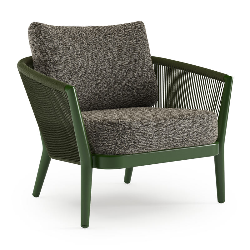 Orso loungestoel in groen aluminium en groen verticaal geweven ronde rope met Marbella Tunder all weather cosytica kussen