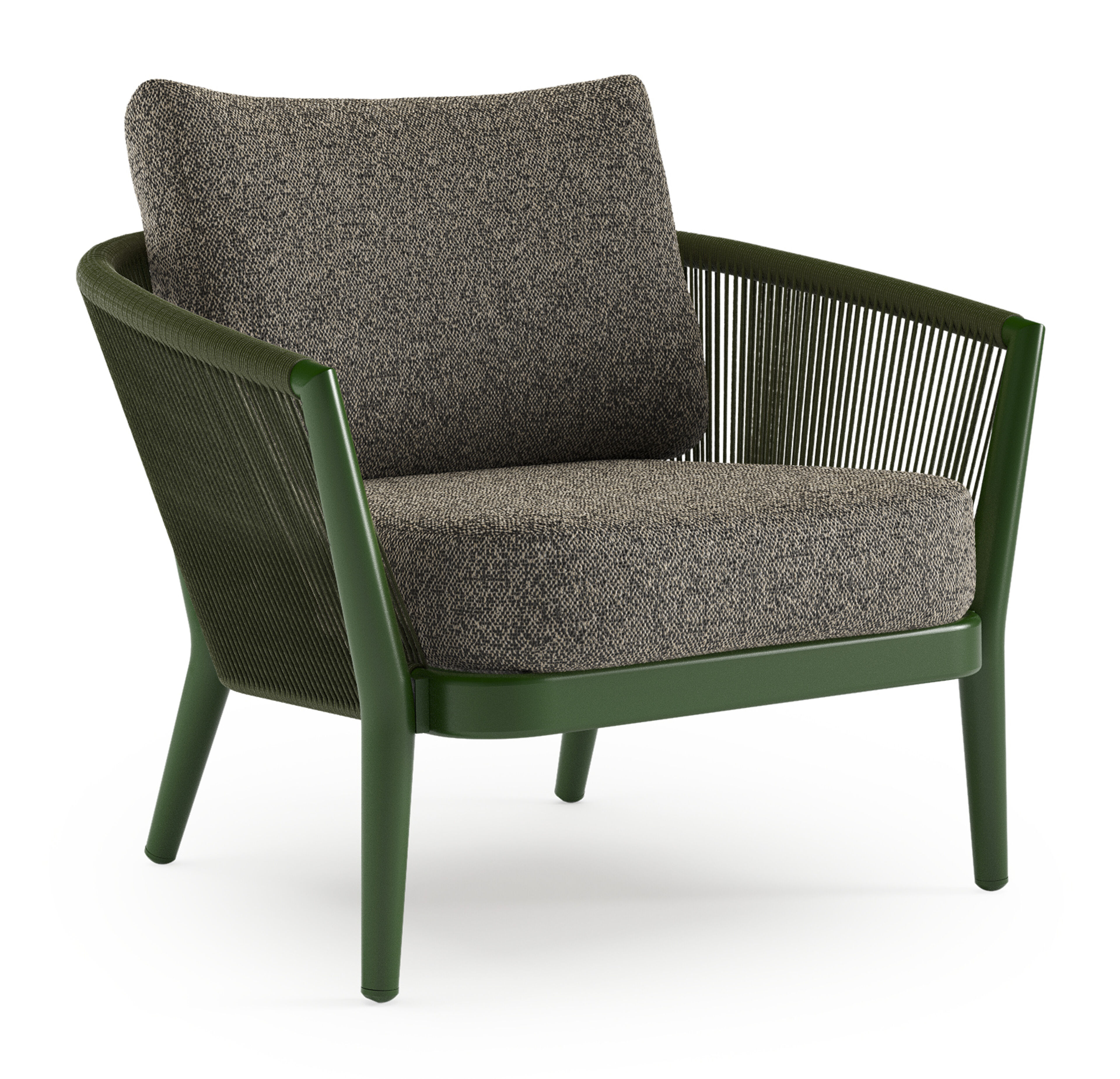 Orso loungestoel in groen aluminium en groen verticaal geweven ronde rope met Marbella Tunder all weather cosytica kussen