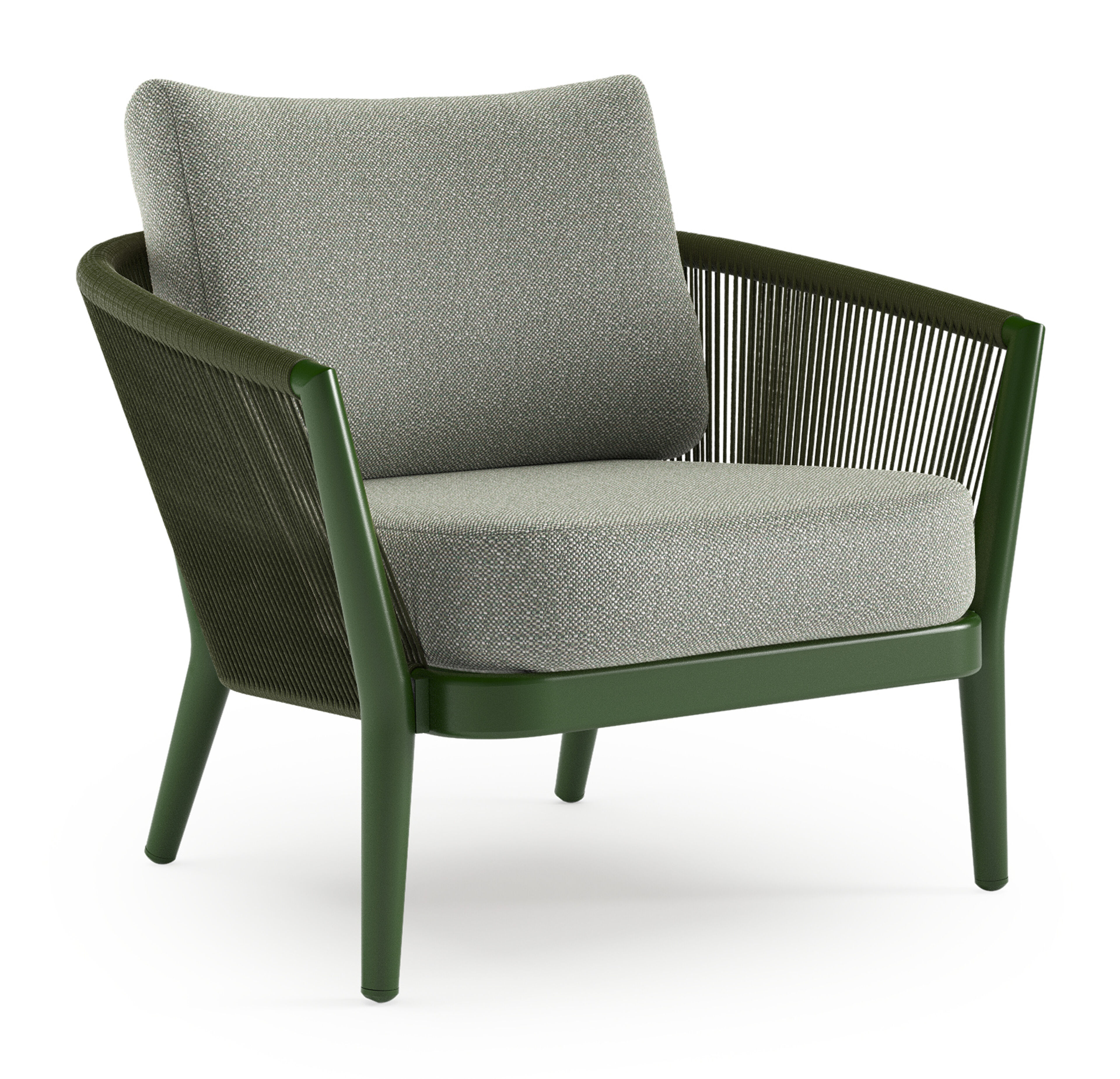 Orso loungestoel in groen aluminium en groen verticaal geweven ronde rope met Savane Leaf all weather sunbrella® luxe kussen