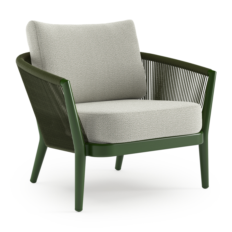 Orso loungestoel in groen aluminium en groen verticaal geweven ronde rope met Lopi Bud all weather sunbrella® luxe kussen