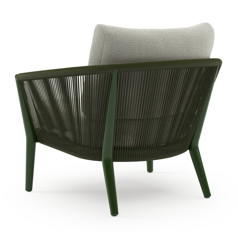 Orso loungestoel in groen aluminium en groen verticaal geweven ronde rope met Lopi Bud all weather sunbrella® luxe kussen