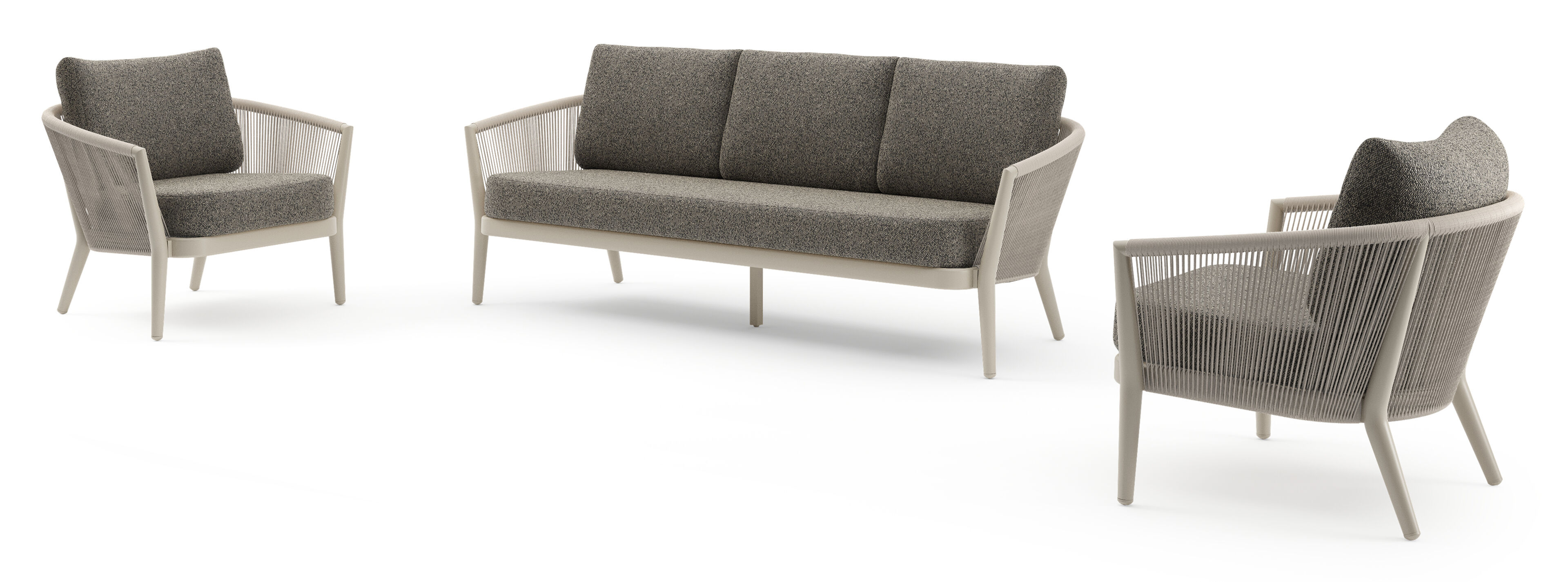 Orso loungeset in beige aluminium en beige verticaal geweven ronde rope met Marbella Tunder all weather cosytica kussen