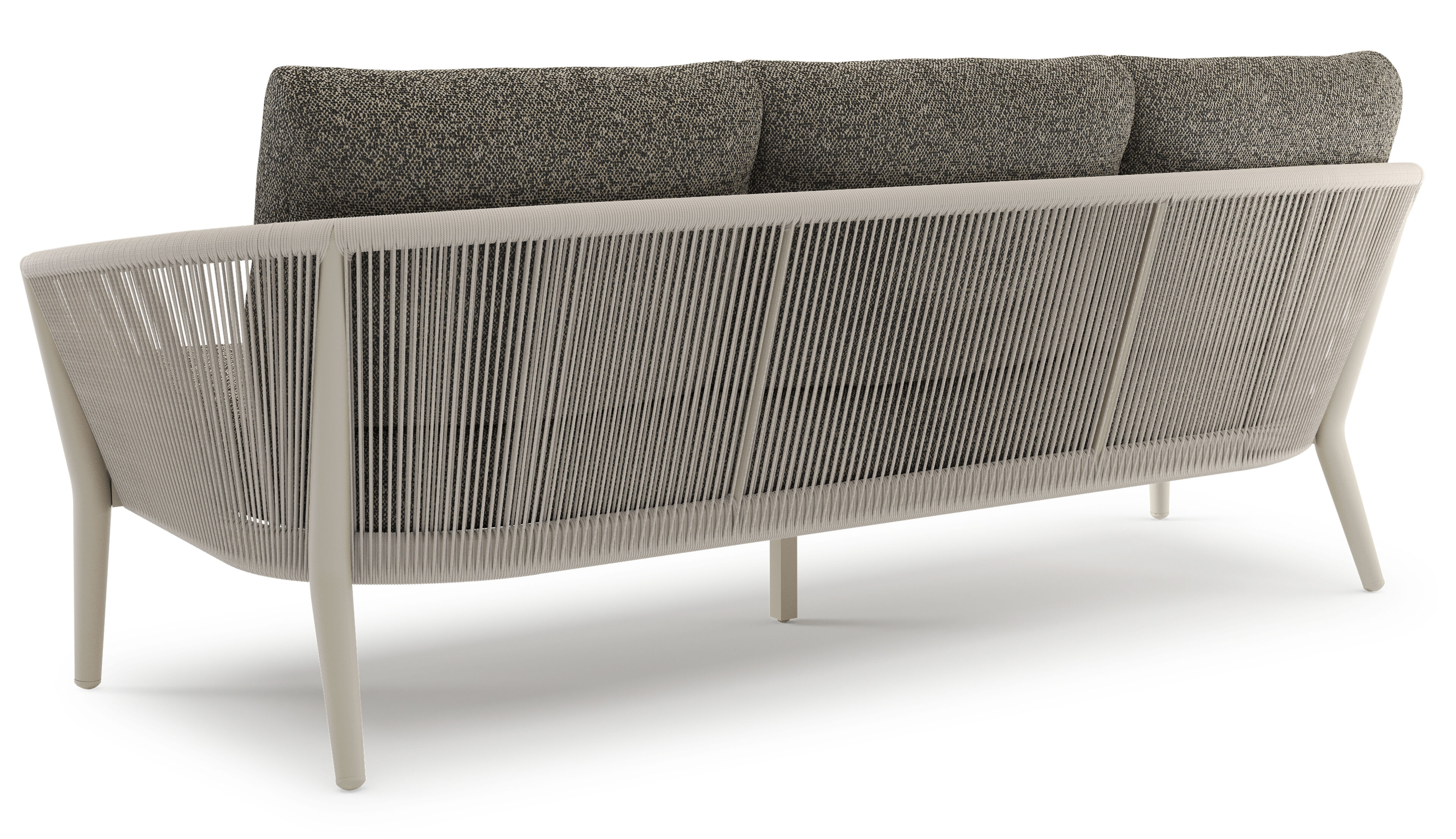 Orso loungeset in beige aluminium en beige verticaal geweven ronde rope met Marbella Tunder all weather cosytica kussen