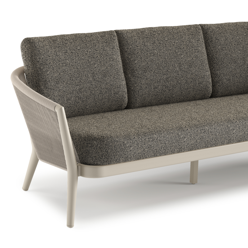 Salon de jardin Orso en aluminium beige en corde ronde tissée verticalement beige et coussins en all weather cosytica Marbella Tunder