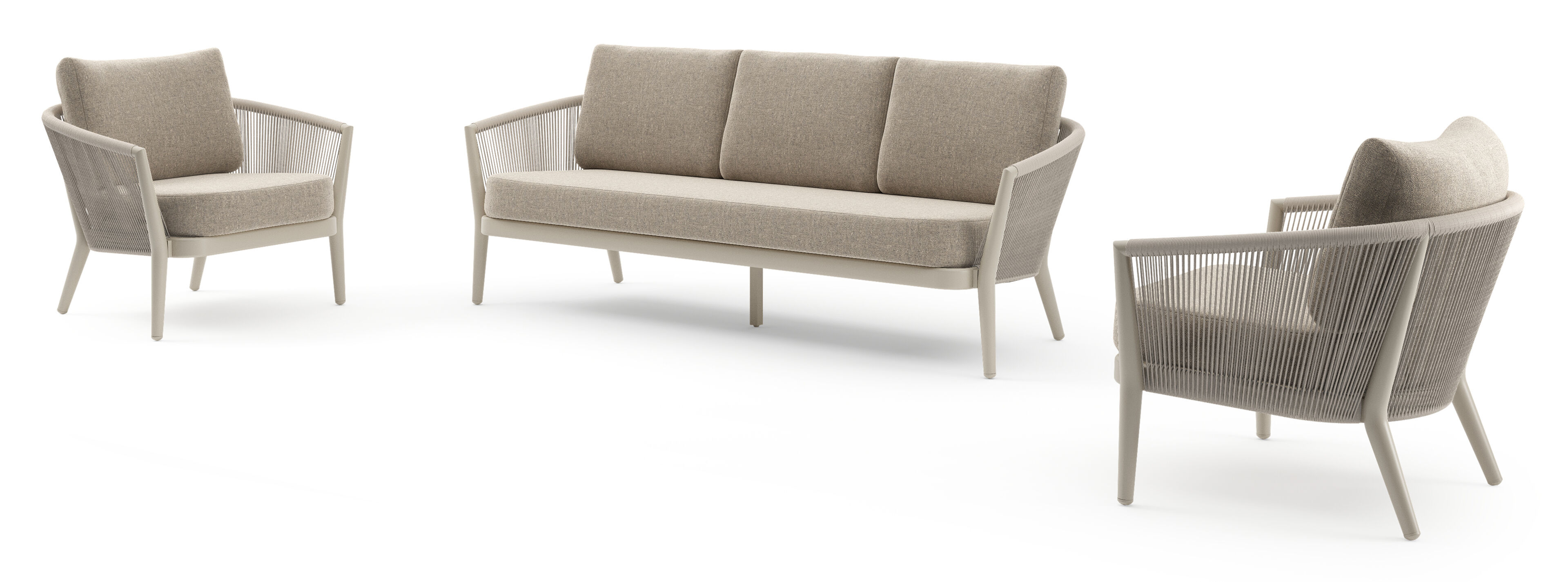 Orso loungeset in beige aluminium en beige verticaal geweven ronde rope met Chartres Pewter all weather sunbrella® luxe kussen