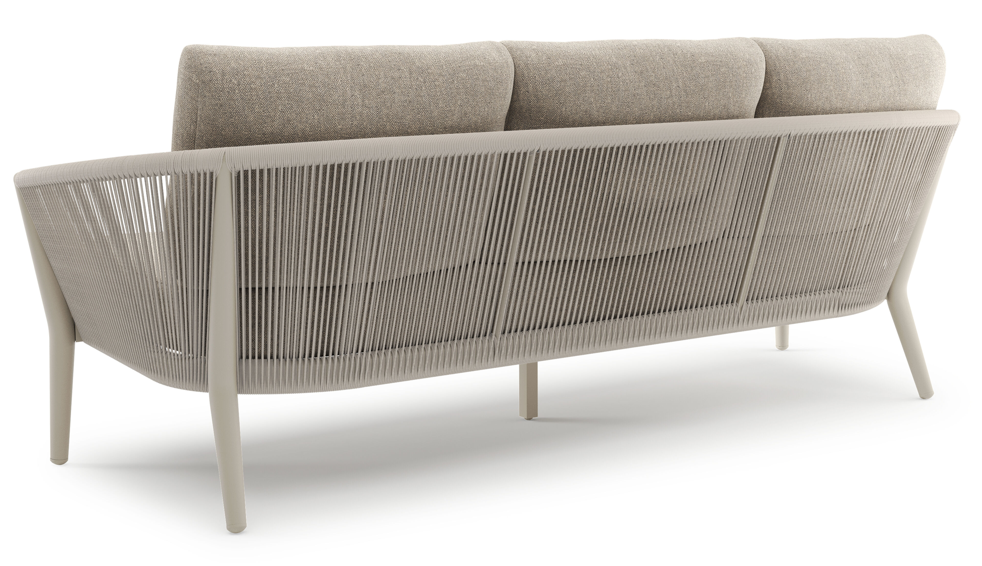 Orso loungeset in beige aluminium en beige verticaal geweven ronde rope met Chartres Pewter all weather sunbrella® luxe kussen