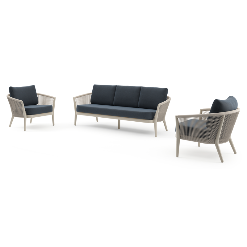 Orso loungeset in beige aluminium en beige verticaal geweven ronde rope met Heritage Indigo all weather sunbrella® luxe kussen