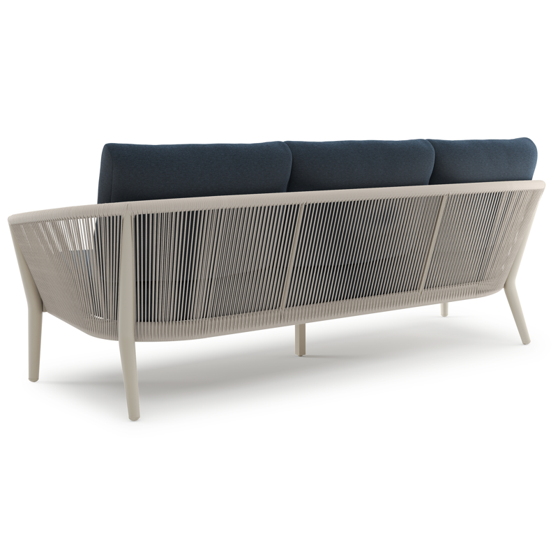 Orso loungeset in beige aluminium en beige verticaal geweven ronde rope met Heritage Indigo all weather sunbrella® luxe kussen