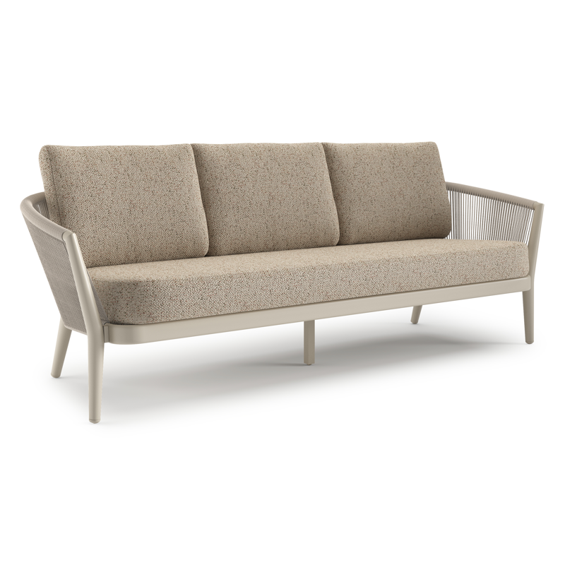 Canapé de jardin Orso en aluminium beige en corde ronde tissée verticalement beige et coussins en all weather cosytica Bora Jungle