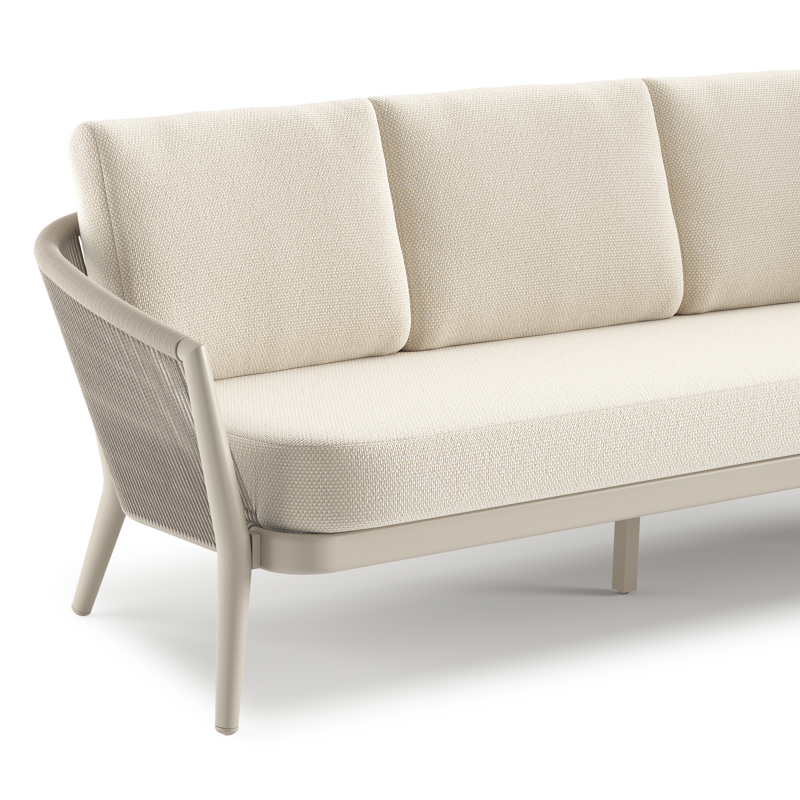Orso loungebank in beige aluminium en beige verticaal geweven ronde rope met Althea Off White all weather cosytica kussen