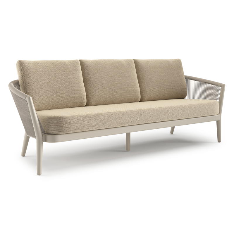Orso loungebank in beige aluminium en beige verticaal geweven ronde rope met Althea Camel all weather cosytica kussen