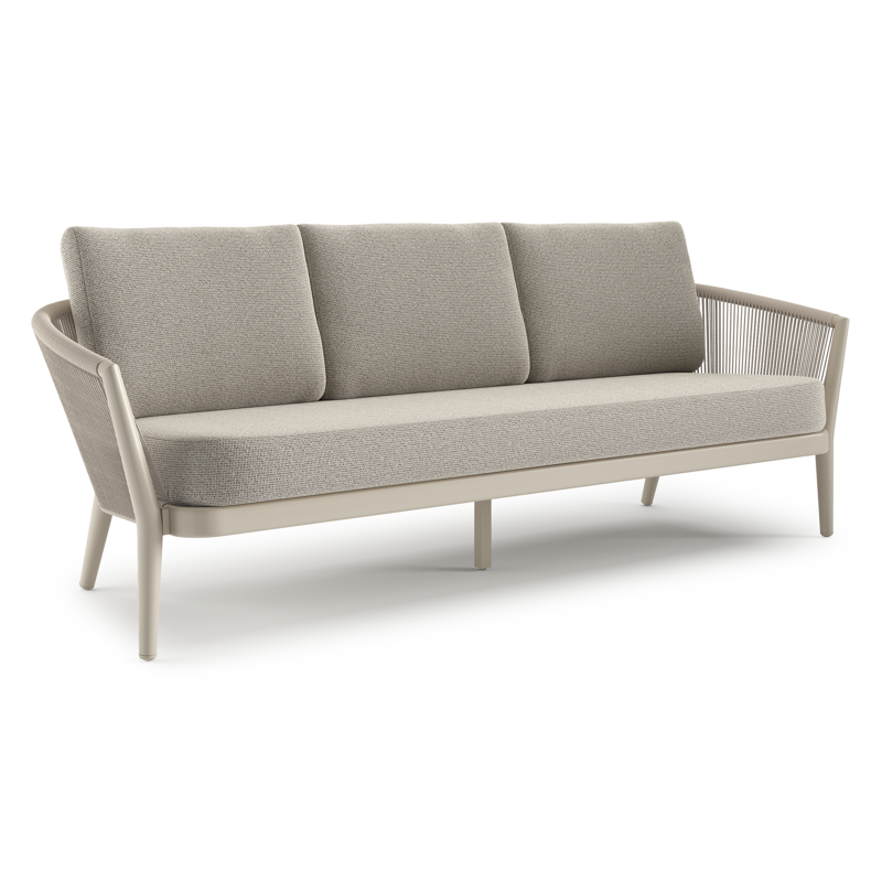 Orso loungebank in beige aluminium en beige verticaal geweven ronde rope met Firenze Sand all weather solica kussen