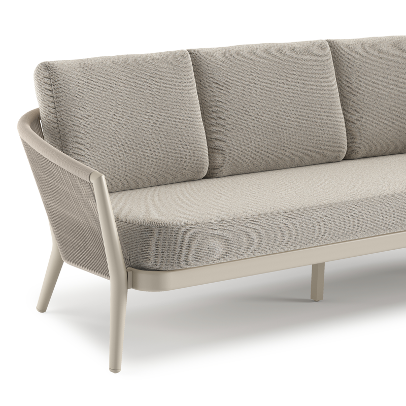 Orso loungebank in beige aluminium en beige verticaal geweven ronde rope met Firenze Sand all weather solica kussen