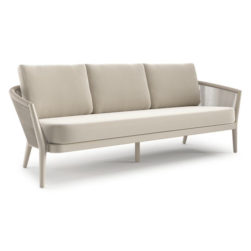 Orso loungebank in beige aluminium en beige verticaal geweven ronde rope met Lopi Marble all weather sunbrella® luxe kussen