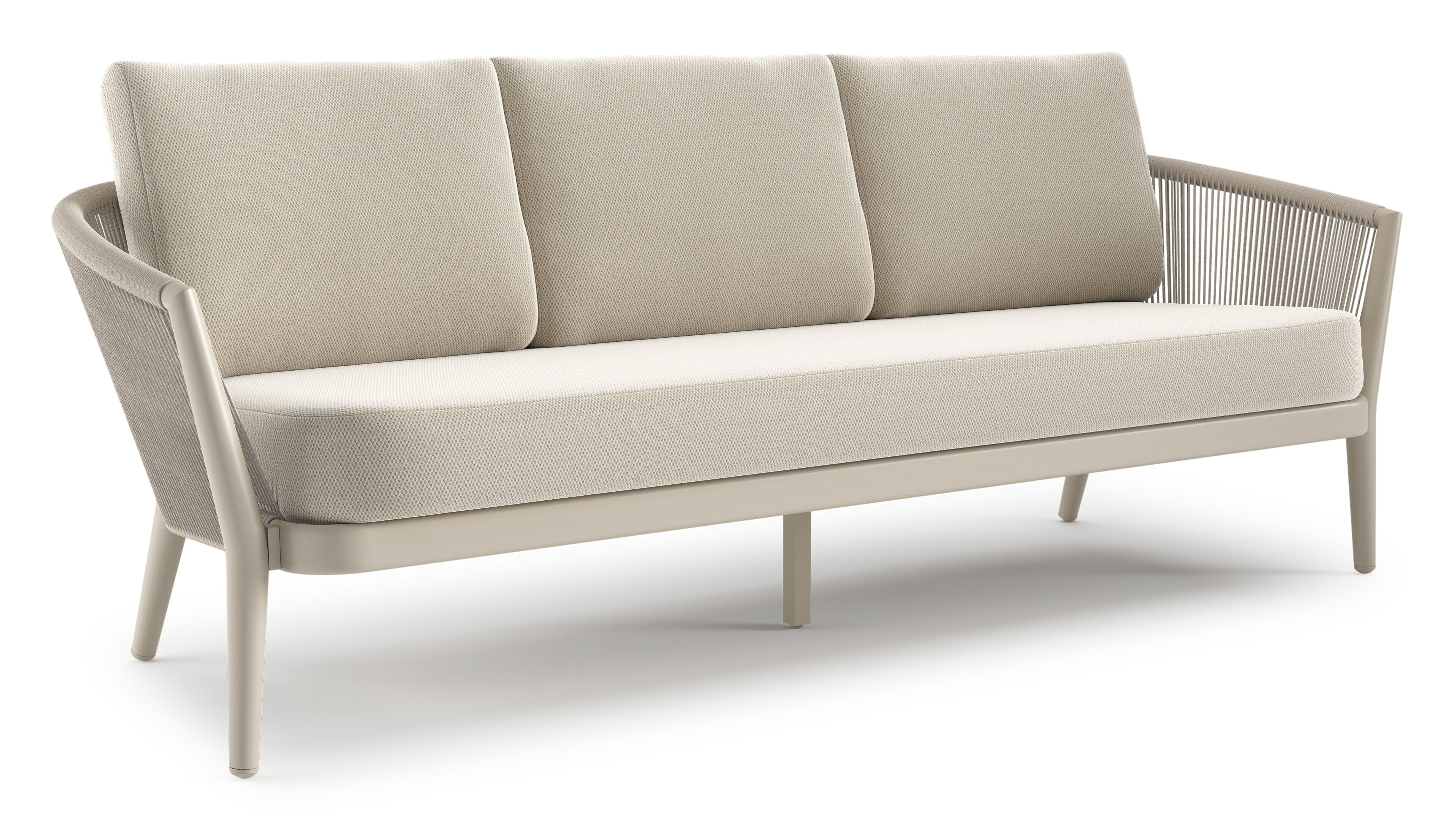 Orso loungebank in beige aluminium en beige verticaal geweven ronde rope met Lopi Marble all weather sunbrella® luxe kussen