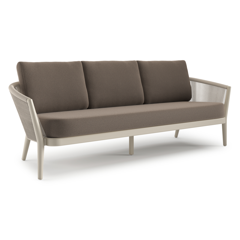 Orso loungebank in beige aluminium en beige verticaal geweven ronde rope met Lopi Coconut all weather sunbrella® luxe kussen
