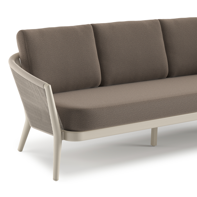 Orso loungebank in beige aluminium en beige verticaal geweven ronde rope met Lopi Coconut all weather sunbrella® luxe kussen