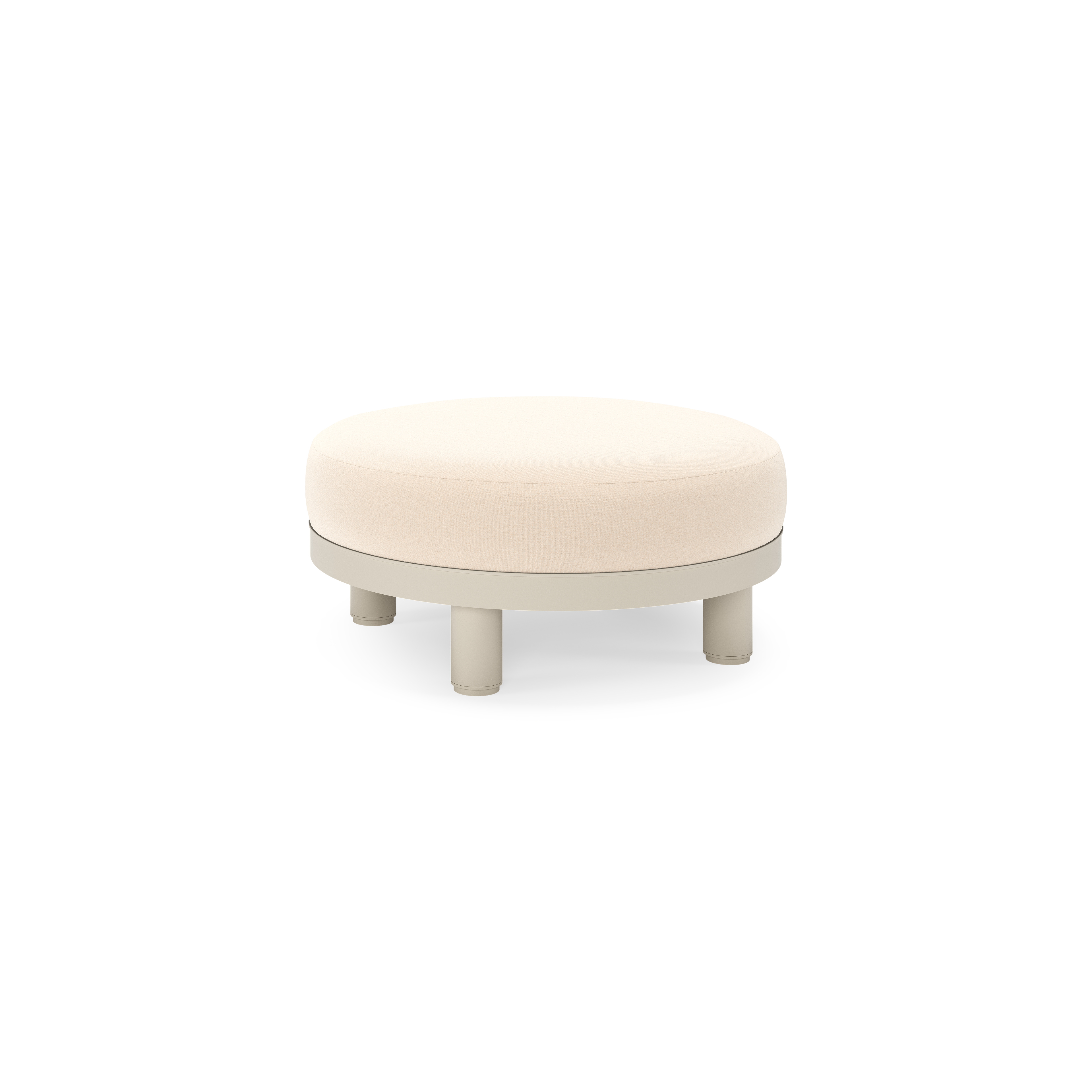 Salon de jardin pouf Donato en aluminium beige et coussins en all weather sunbrella® luxe Natte Linen Chalk
