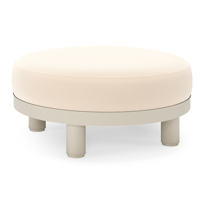 Salon de jardin pouf Donato en aluminium beige et coussins en all weather sunbrella® luxe Natte Linen Chalk