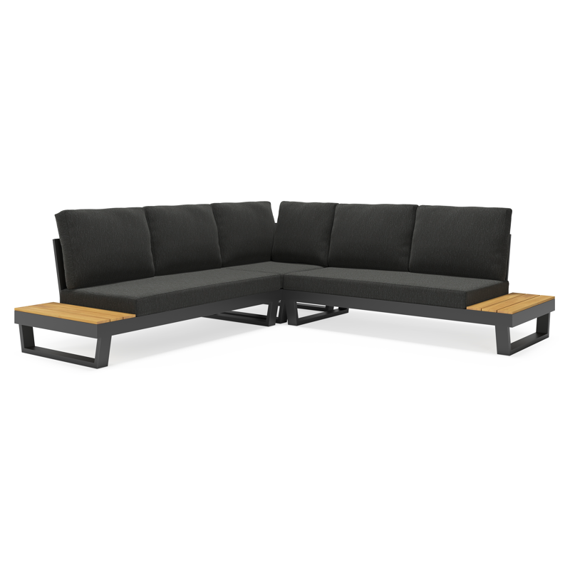 Salon de jardin d'angle Modica en aluminium noir et teck et coussins en weather+ softtouch sky black