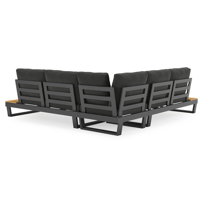 Salon de jardin d'angle Modica en aluminium noir et teck et coussins en weather+ softtouch sky black