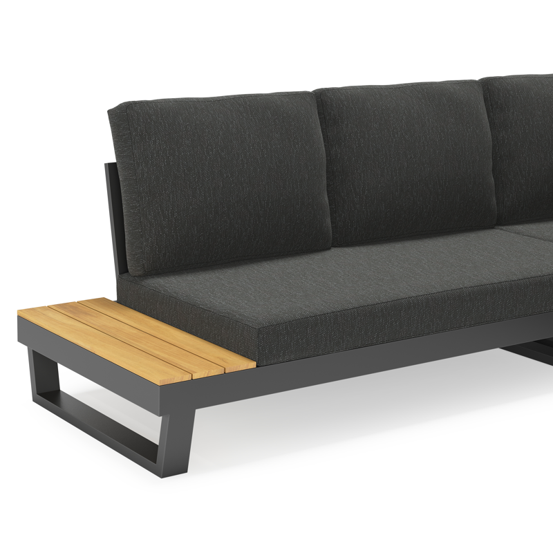 Salon de jardin d'angle Modica en aluminium noir et teck et coussins en weather+ softtouch sky black