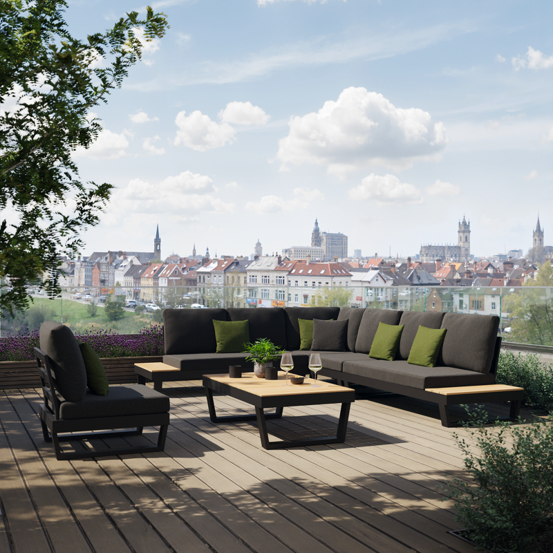 Salon de jardin d'angle Modica en aluminium noir et teck et coussins en weather+ softtouch sky black