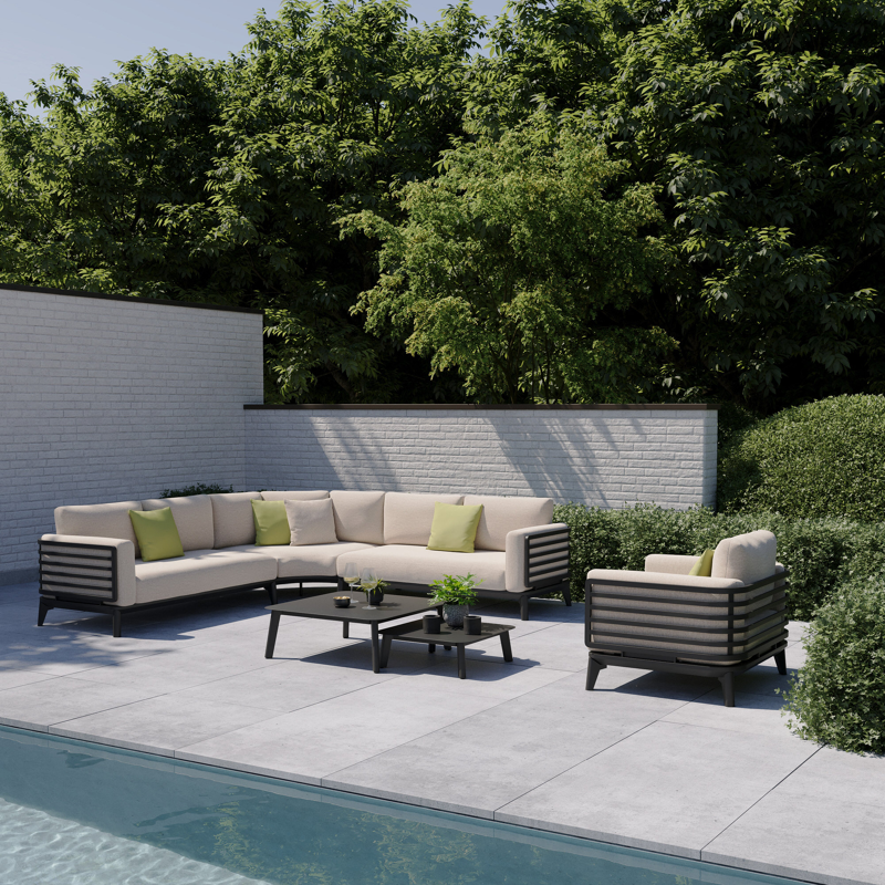 Salon de jardin d'angle Mosa en aluminium noir avec coussins en weather+ softtouch rustic