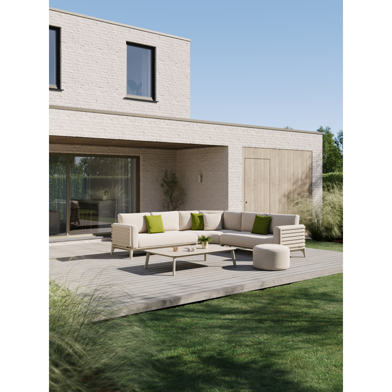 Salon de jardin d'angle Mosa en aluminium beige avec coussins en weather+ softtouch rustic