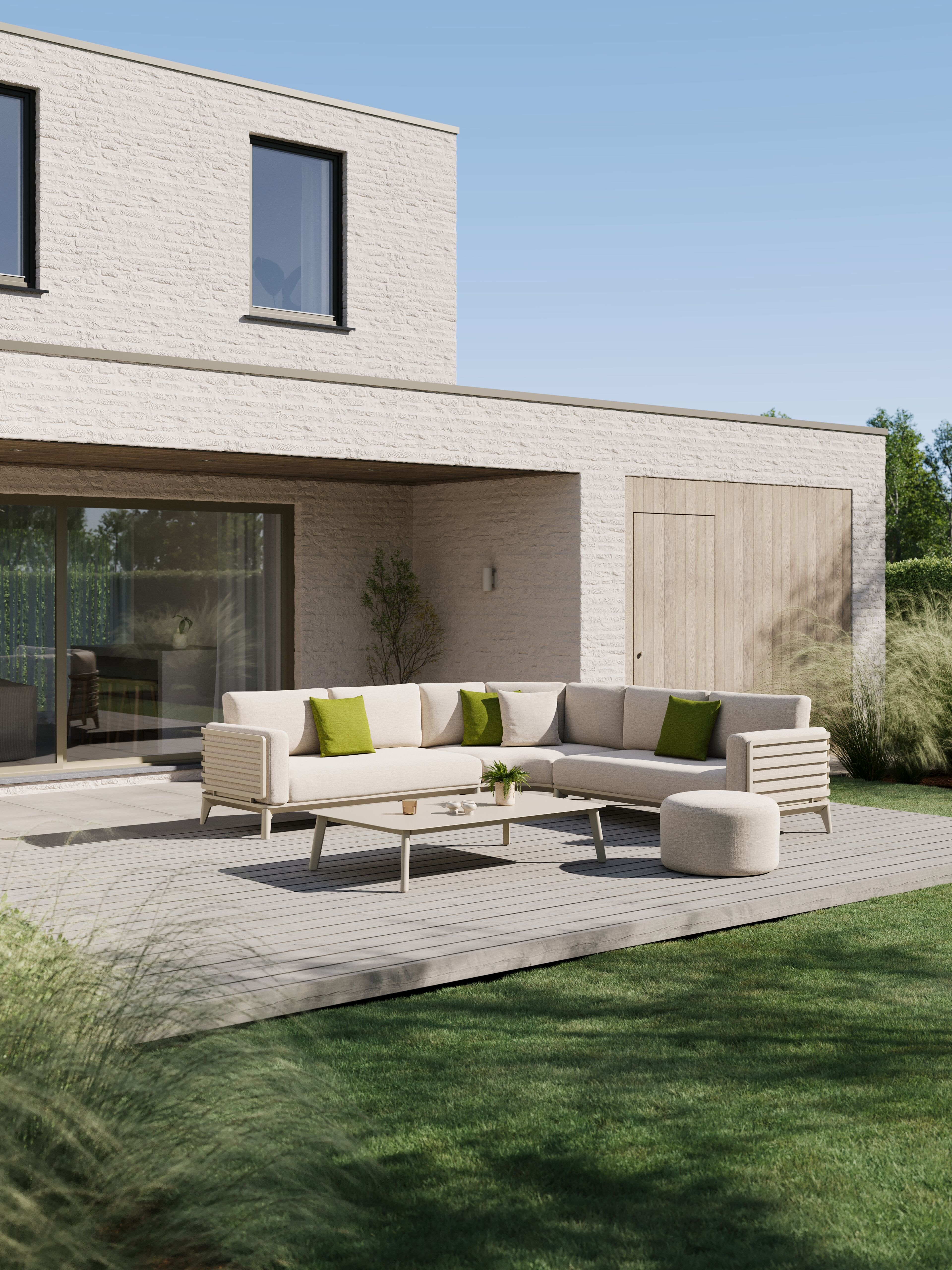 Salon de jardin d'angle Mosa en aluminium beige avec coussins en weather+ softtouch rustic