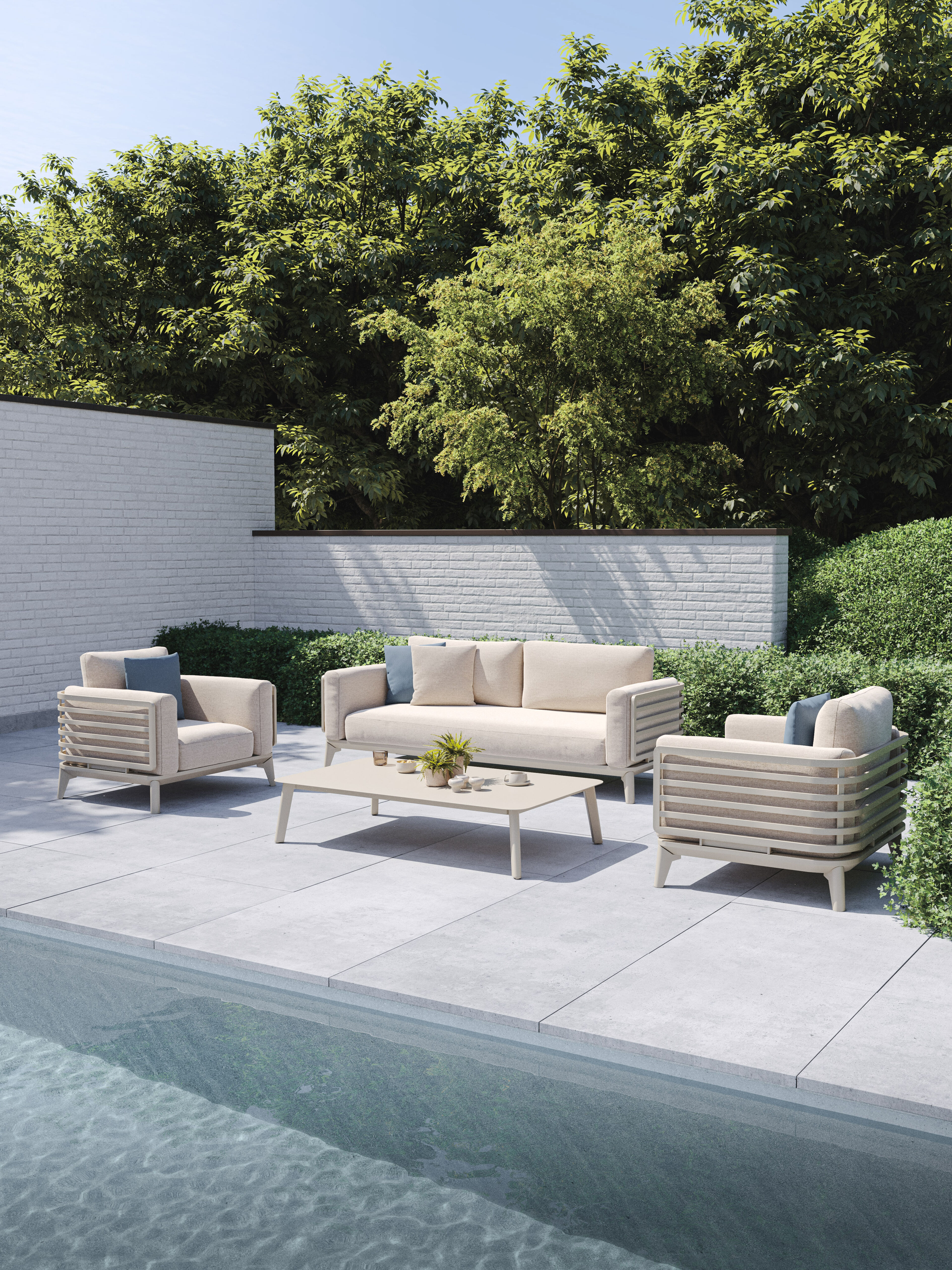 Salon de jardin Mosa en aluminium beige avec coussins en weather+ softtouch rustic