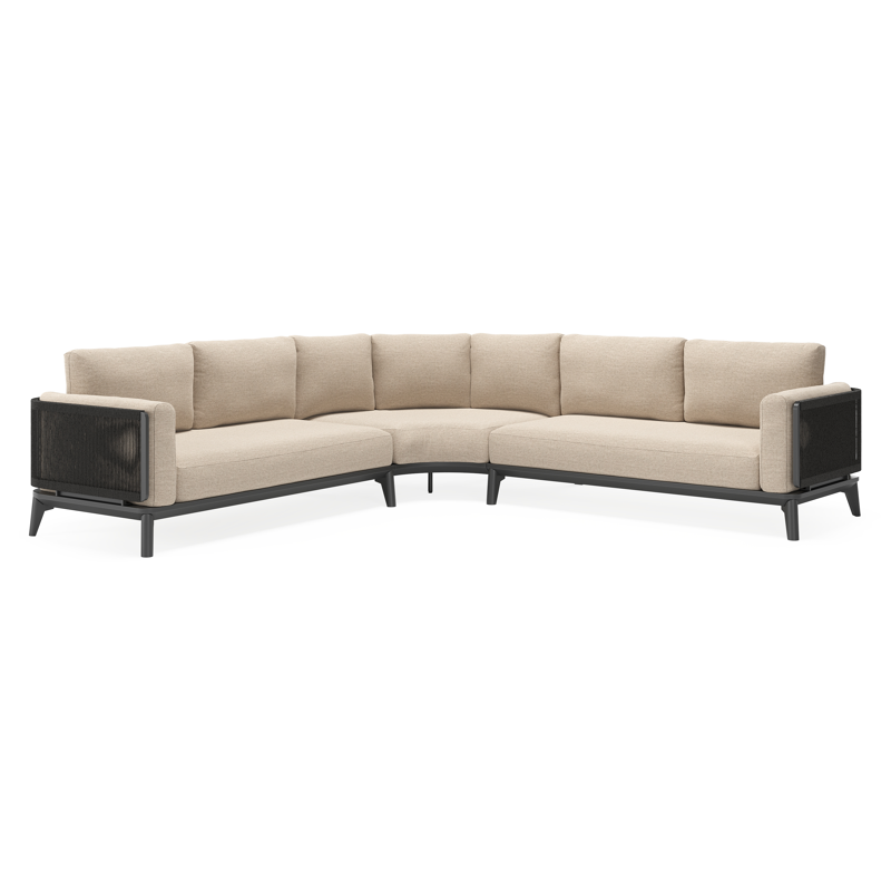 Mosa loungehoek in zwart aluminium en zwart gedraaide ronde wicker met rustic weather+ softtouch kussens