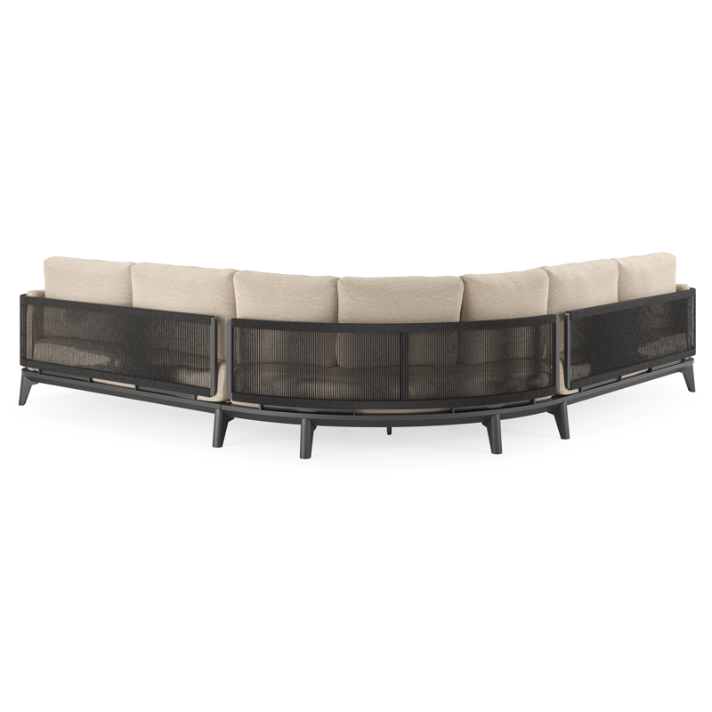 Mosa loungehoek in zwart aluminium en zwart gedraaide ronde wicker met rustic weather+ softtouch kussens
