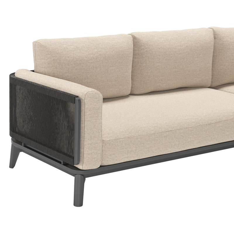 Mosa loungehoek in zwart aluminium en zwart gedraaide ronde wicker met rustic weather+ softtouch kussens