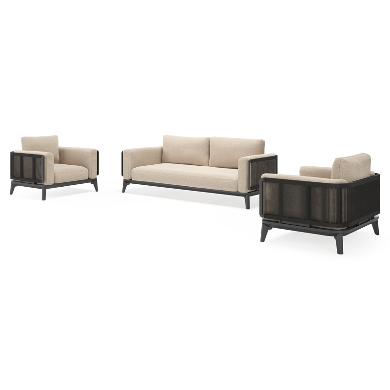 Mosa loungeset in zwart aluminium en zwart gedraaide ronde wicker met rustic weather+ softtouch kussens