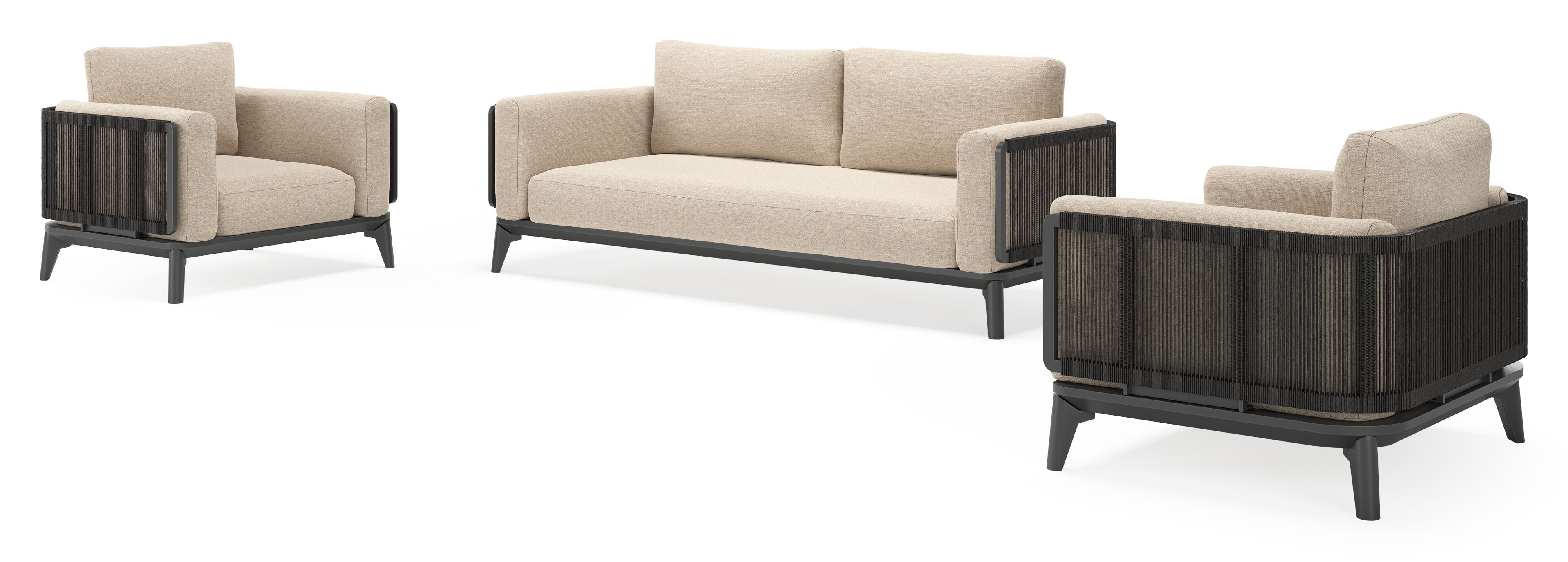 Mosa loungeset in zwart aluminium en zwart gedraaide ronde wicker met rustic weather+ softtouch kussens
