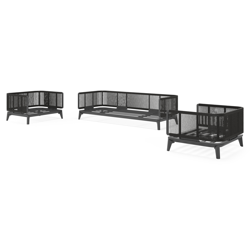 Mosa loungeset in zwart aluminium en zwart gedraaide ronde wicker met rustic weather+ softtouch kussens