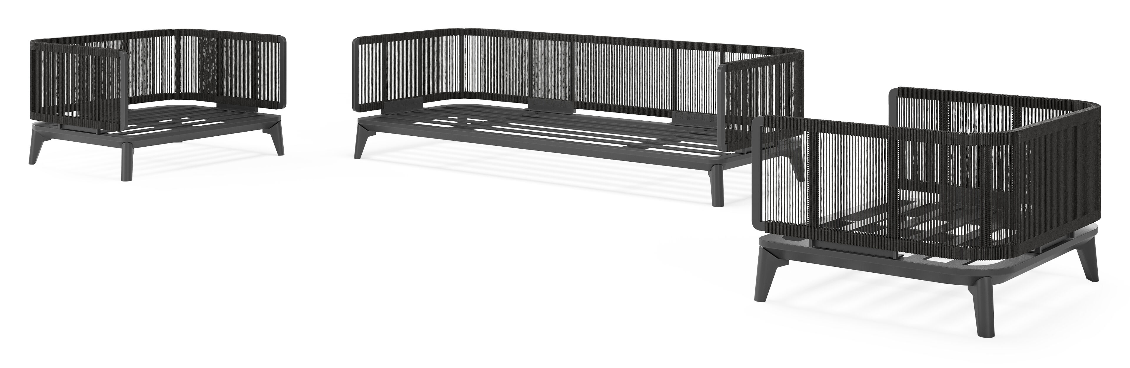 Mosa loungeset in zwart aluminium en zwart gedraaide ronde wicker met rustic weather+ softtouch kussens