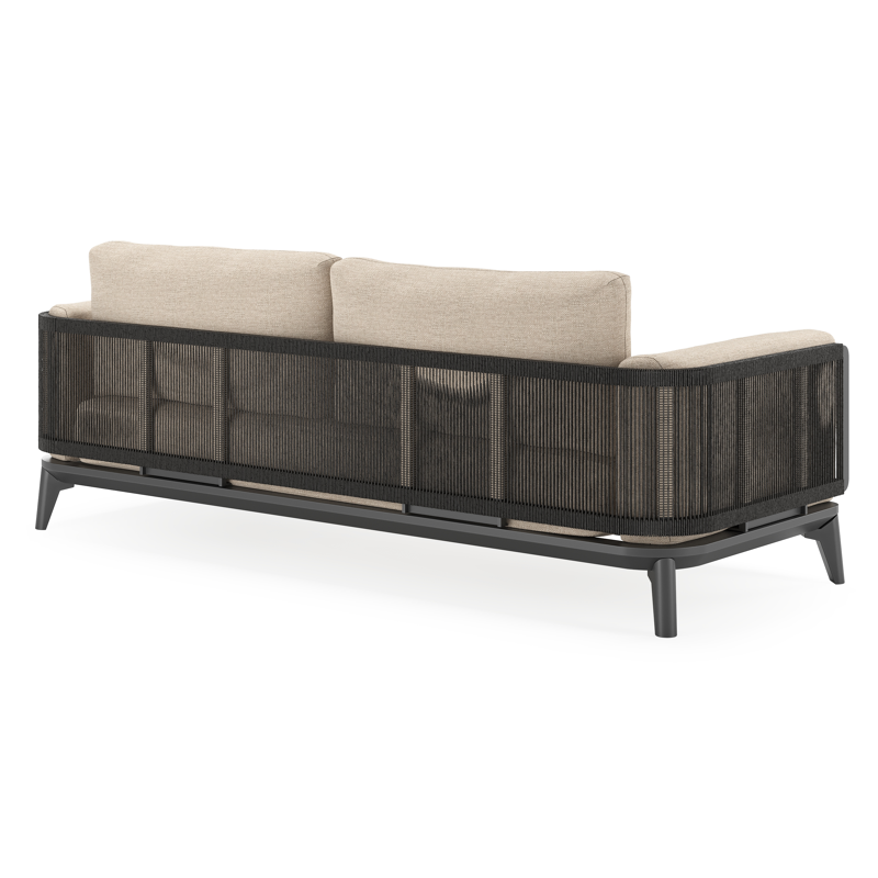 Mosa loungeset in zwart aluminium en zwart gedraaide ronde wicker met rustic weather+ softtouch kussens