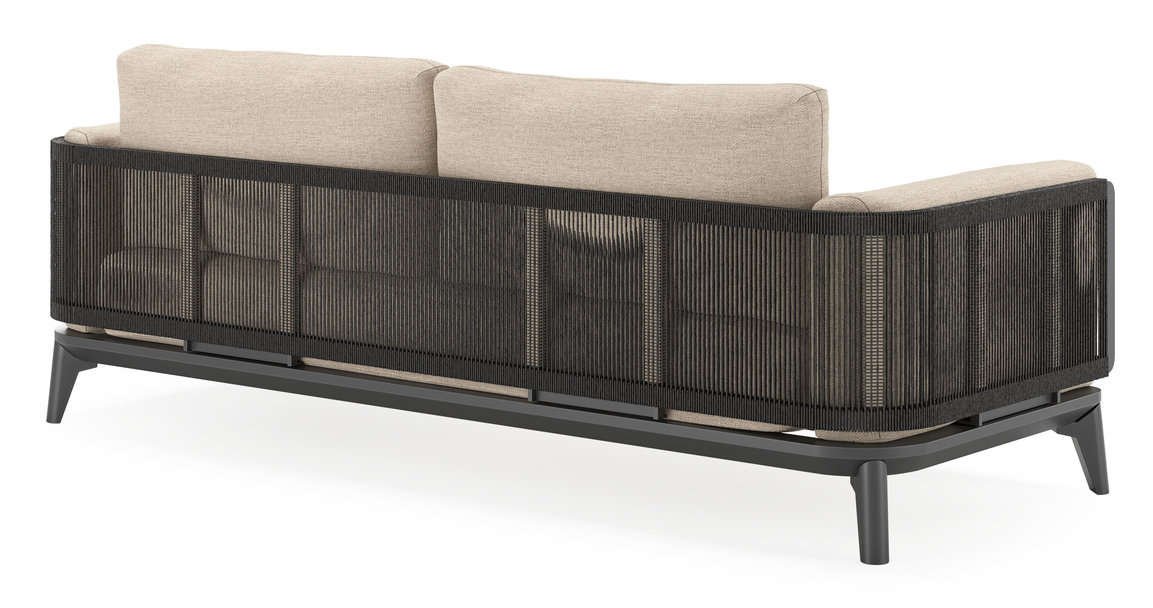 Mosa loungeset in zwart aluminium en zwart gedraaide ronde wicker met rustic weather+ softtouch kussens