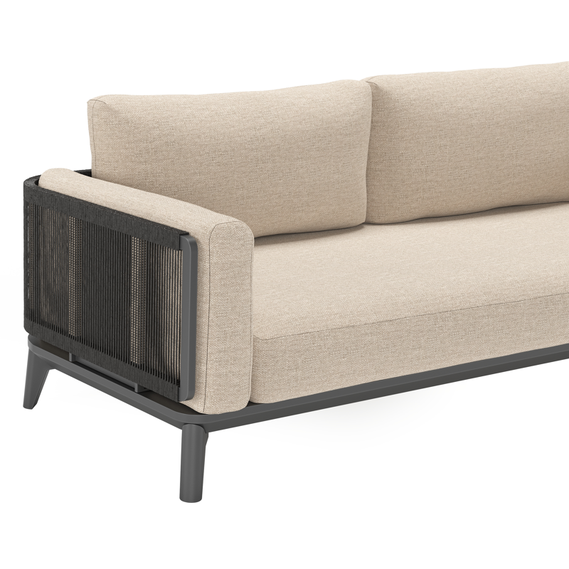 Mosa loungeset in zwart aluminium en zwart gedraaide ronde wicker met rustic weather+ softtouch kussens