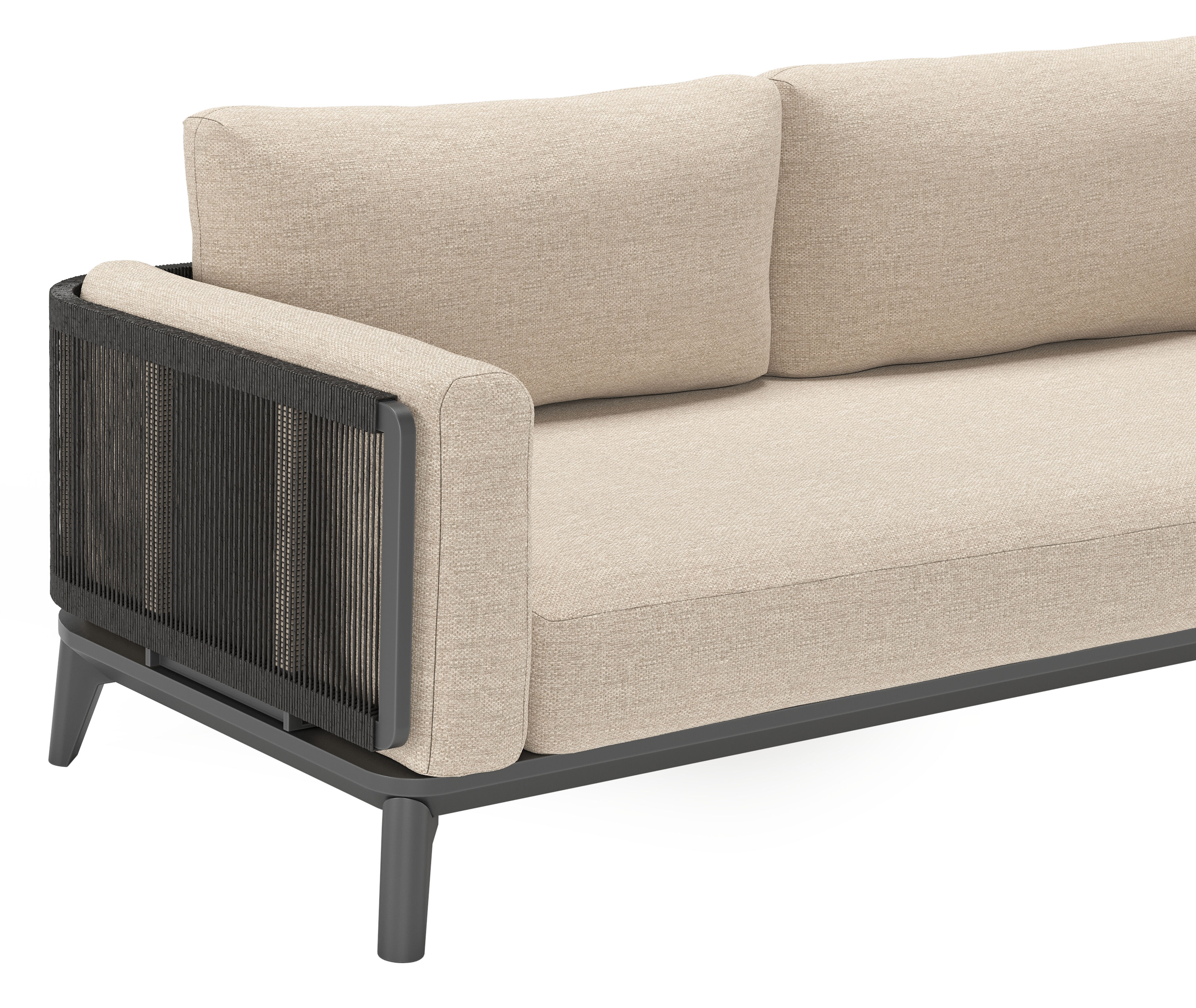 Mosa loungeset in zwart aluminium en zwart gedraaide ronde wicker met rustic weather+ softtouch kussens