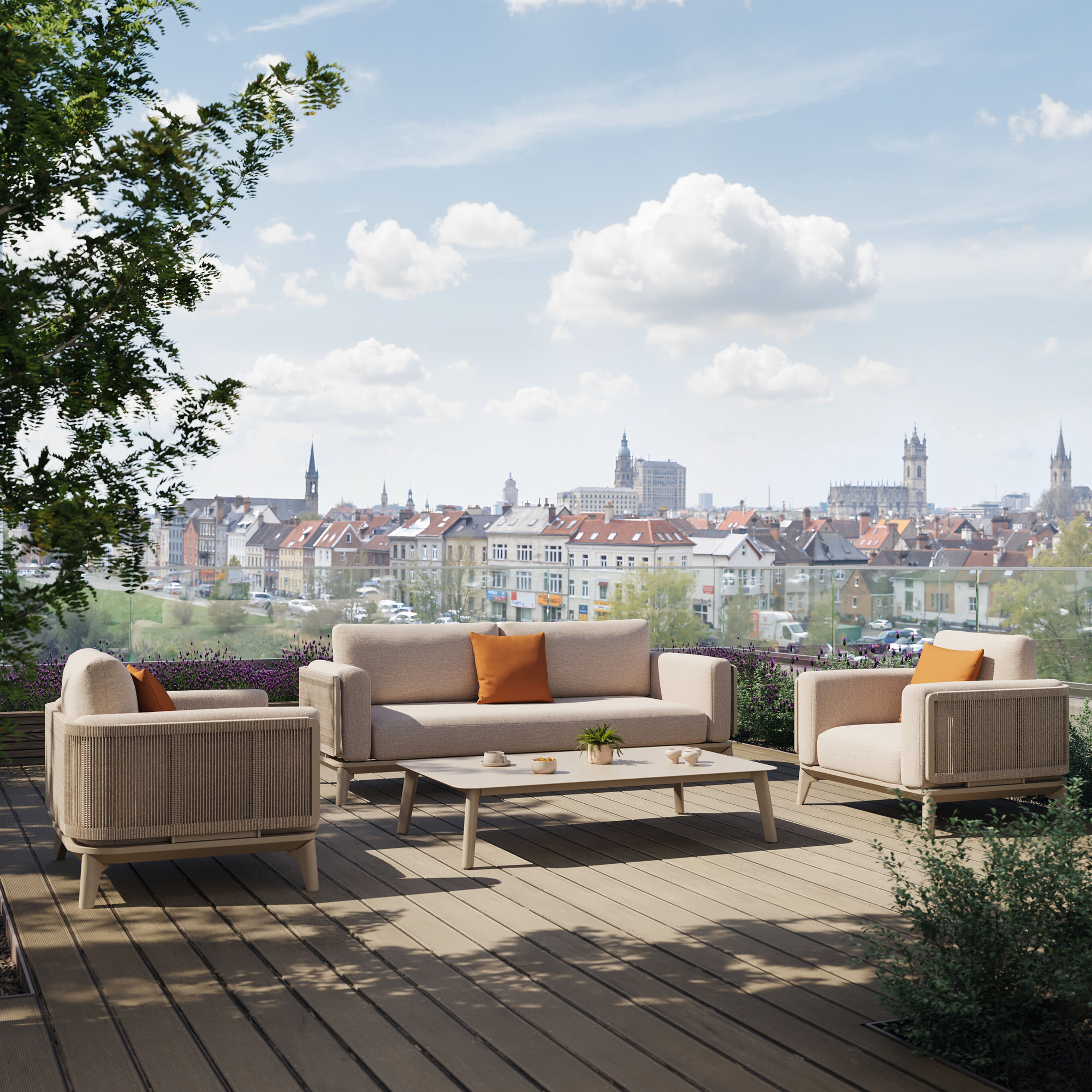 Mosa loungeset in beige aluminium en beige gedraaide ronde wicker met rustic weather+ softtouch kussens