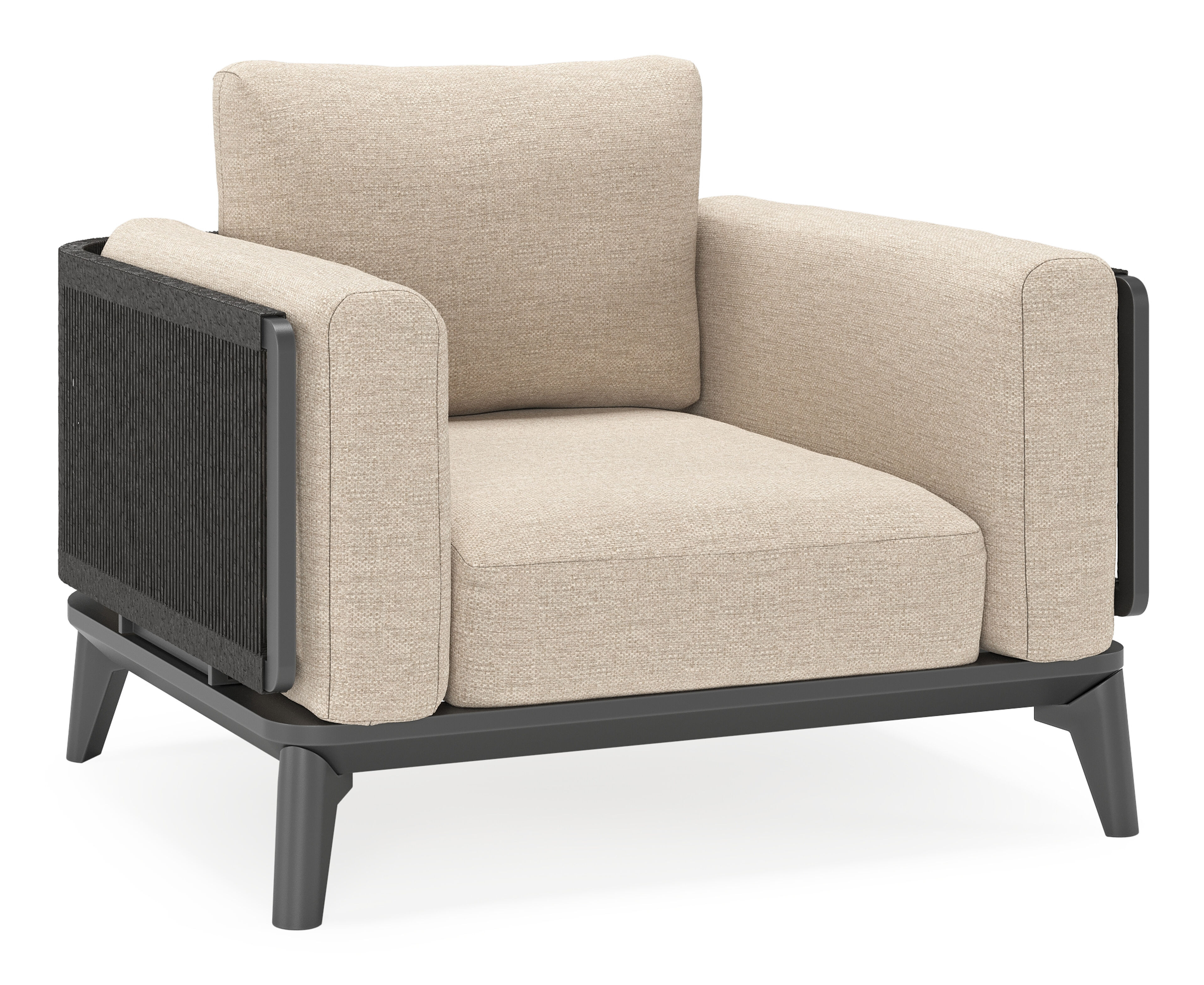 Fauteuil de jardin Mosa en aluminium et résine tressée torsadée noir et coussins en weather+ softtouch rustic