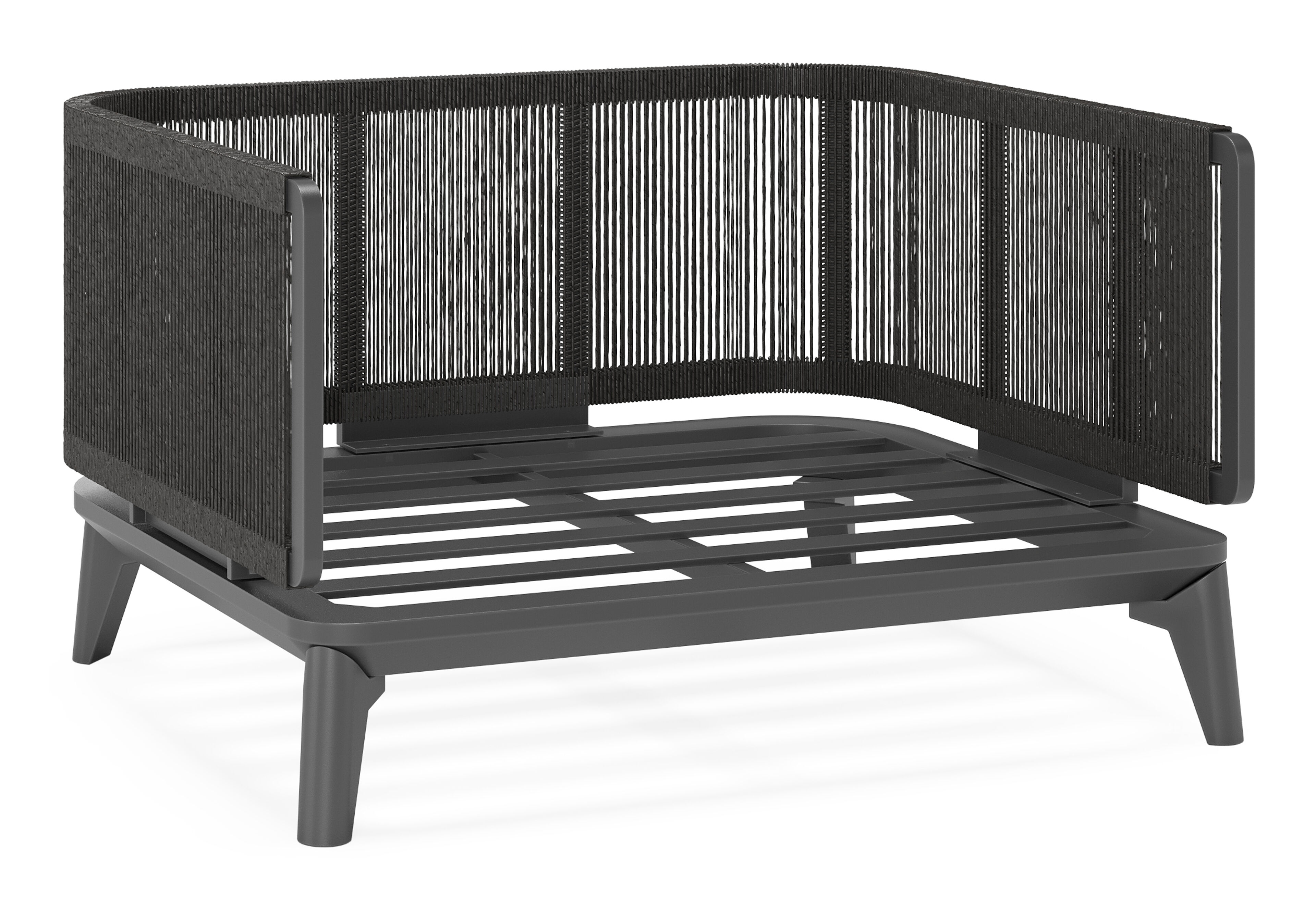 Fauteuil de jardin Mosa en aluminium et résine tressée torsadée noir et coussins en weather+ softtouch rustic