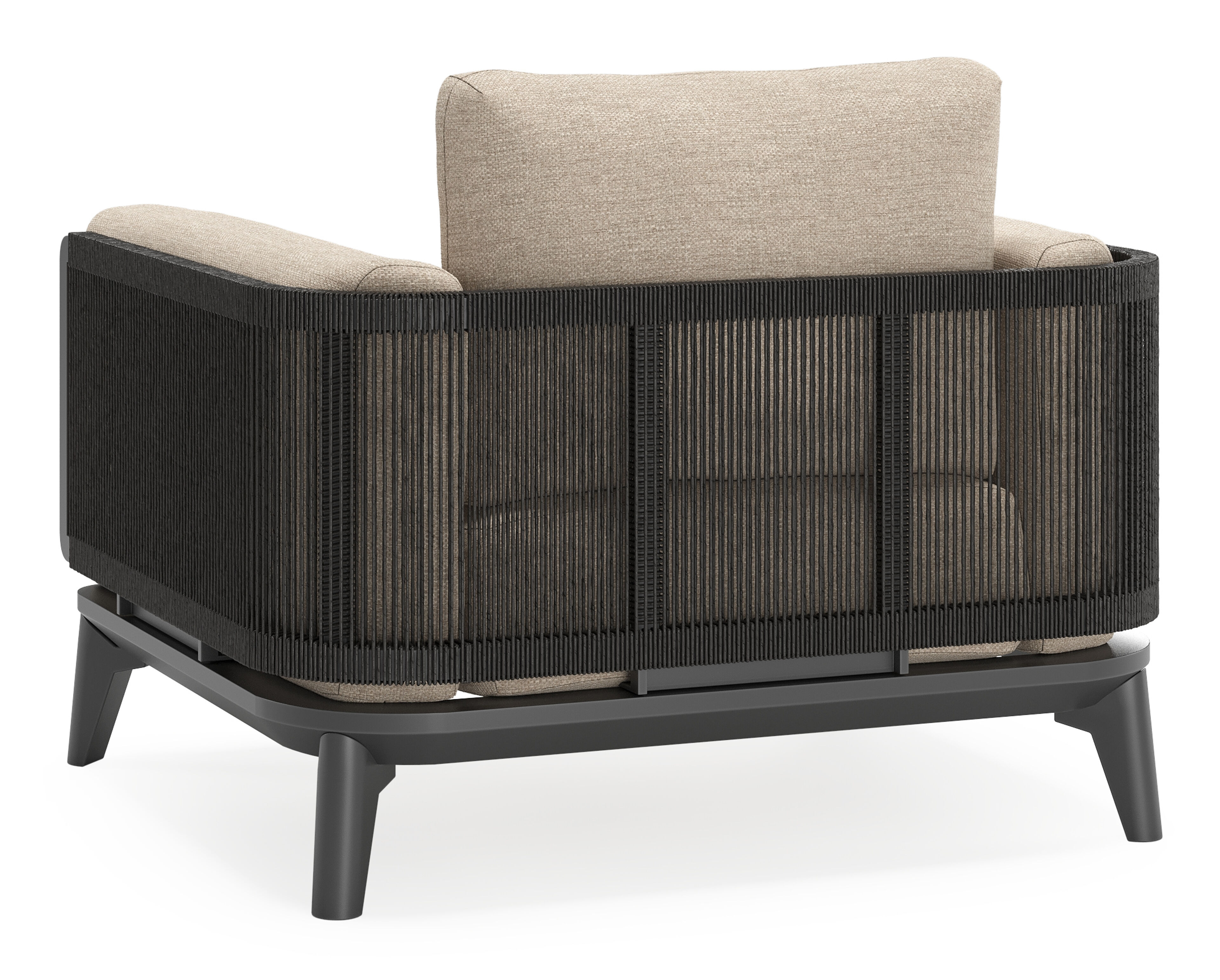 Fauteuil de jardin Mosa en aluminium et résine tressée torsadée noir et coussins en weather+ softtouch rustic